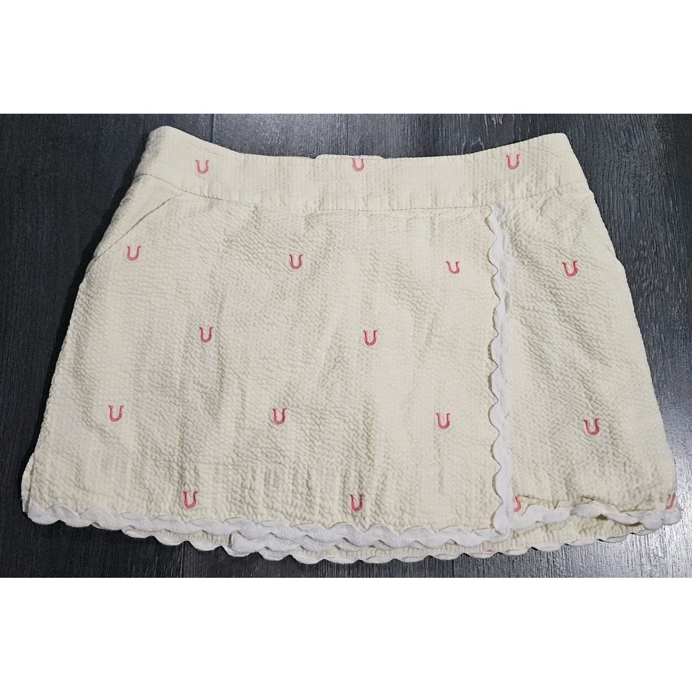 Lilly Pulitzer Jarvey Horseshoe Skort Women 2 Cream Embroidery Seersucker Preppy